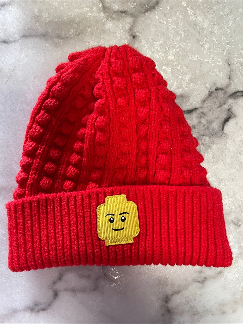 Red Kids Knit Beanie with Yellow Brick Face Patch 2T-5T